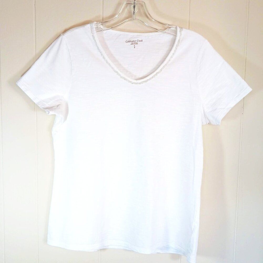 Coldwater Creek White 100% Cotton V-neck Top with Beaded Neckline Size S/8